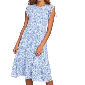 LOST + WANDER Pick Me Floral Smocked Midi Dress in Blue & White